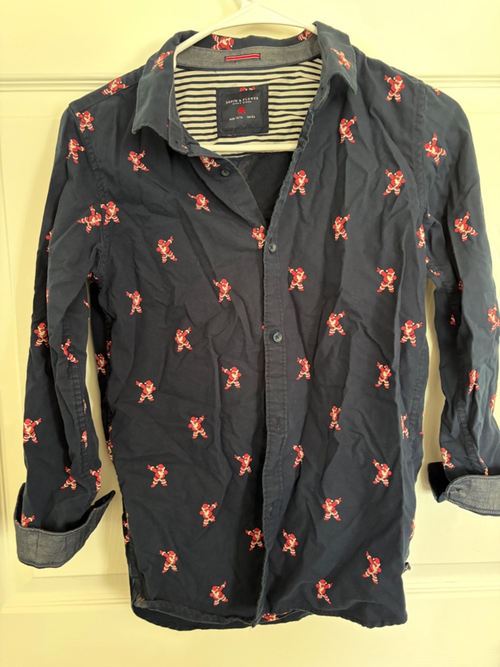 Denim & Flower Navy button down Shirt with dabbing Santa clause Motif